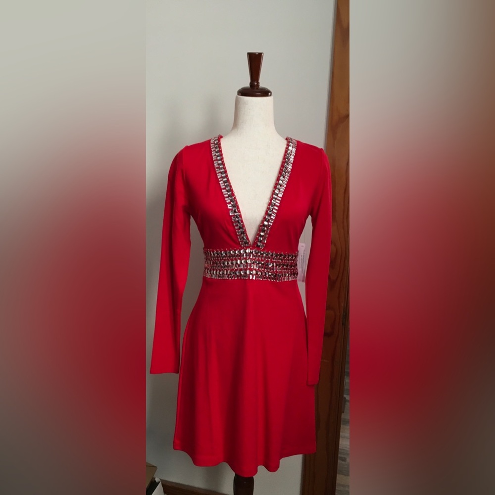 Venus Red Deep-V Beaded Waist Dress
